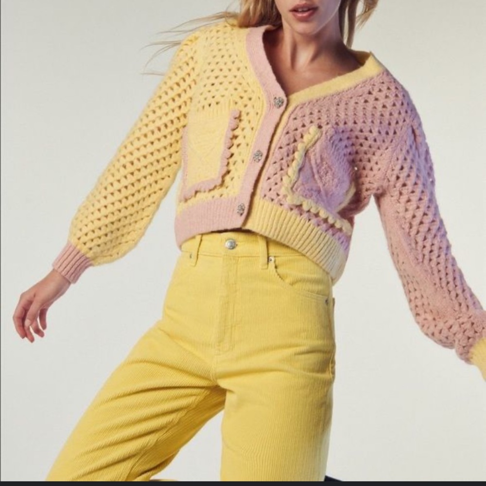Zara jewel button pink and yellow knit cardigan size small